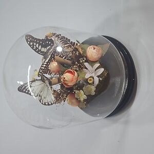 Vintage Glass Dome Wood Base Butterfly and Flower Taxidermy Butterflies